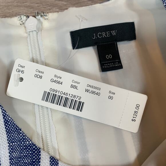 NWT J.Crew Blue White Stripe Tie Waist Sheath Dress Size 00 Linen Blend - Picture 5 of 7